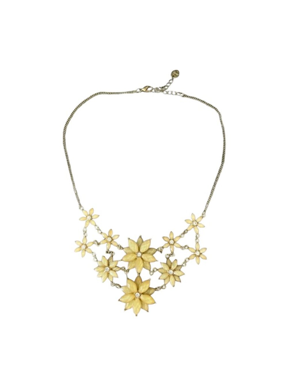 Floral Statement Necklace Gold Tone Clear Crystal Flowers Adjustable Fashion